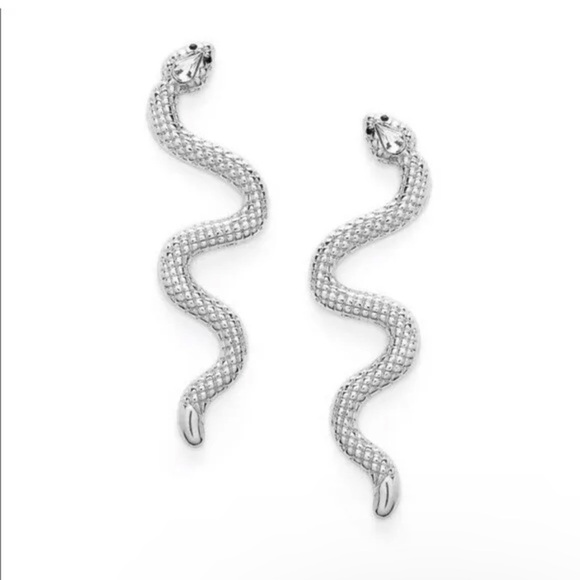 SNAKE Silver Tone Dangle Long Earrings 4" Serpent Black Eyes Fashion Jew… - Picture 4 of 8
